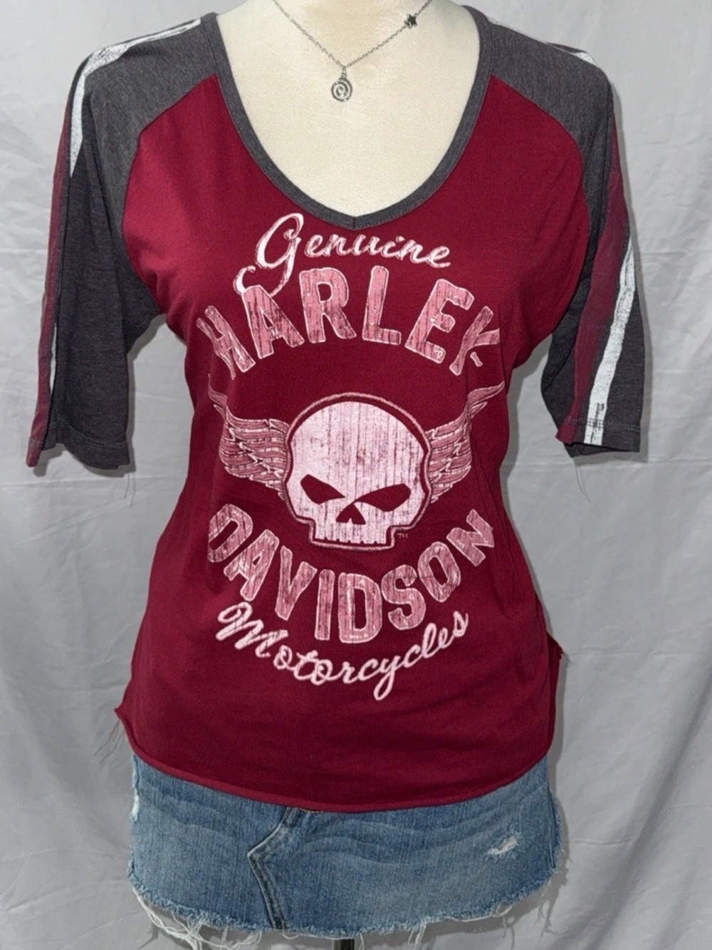 Harley-Davidson Burgundy and Gray Women's Graphic V-Neck Tee